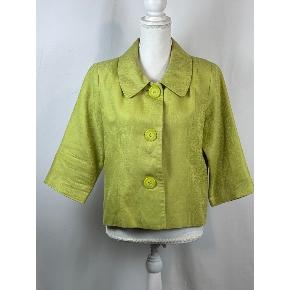Silk Land Jacket Women Large Green Excellent Linen Cotton Jacquard Cropped